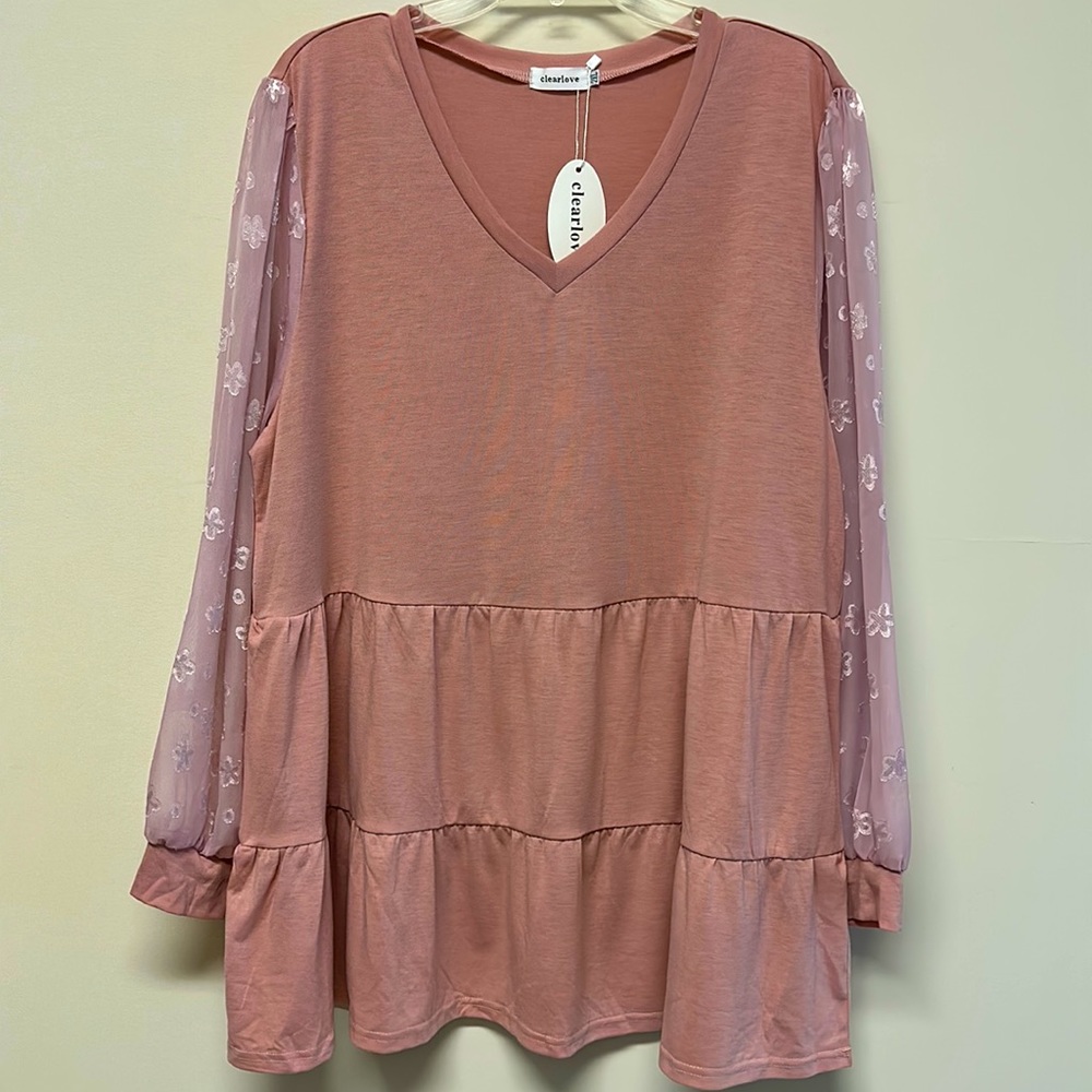 NWT Clearlove blush sheer long sleeve tiered top size XXL